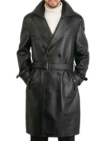 Men Belted Double Breasted Black Leather Trench Coat