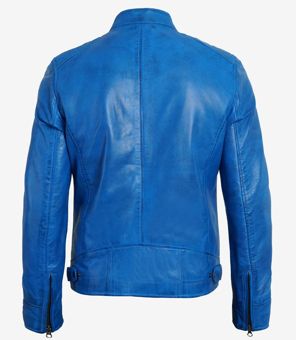 Real Leather Men's Cafe Racer Style Blue Jacket
