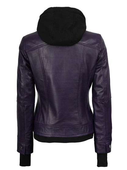 Women's Purple Leather Jacket with Removable Hood