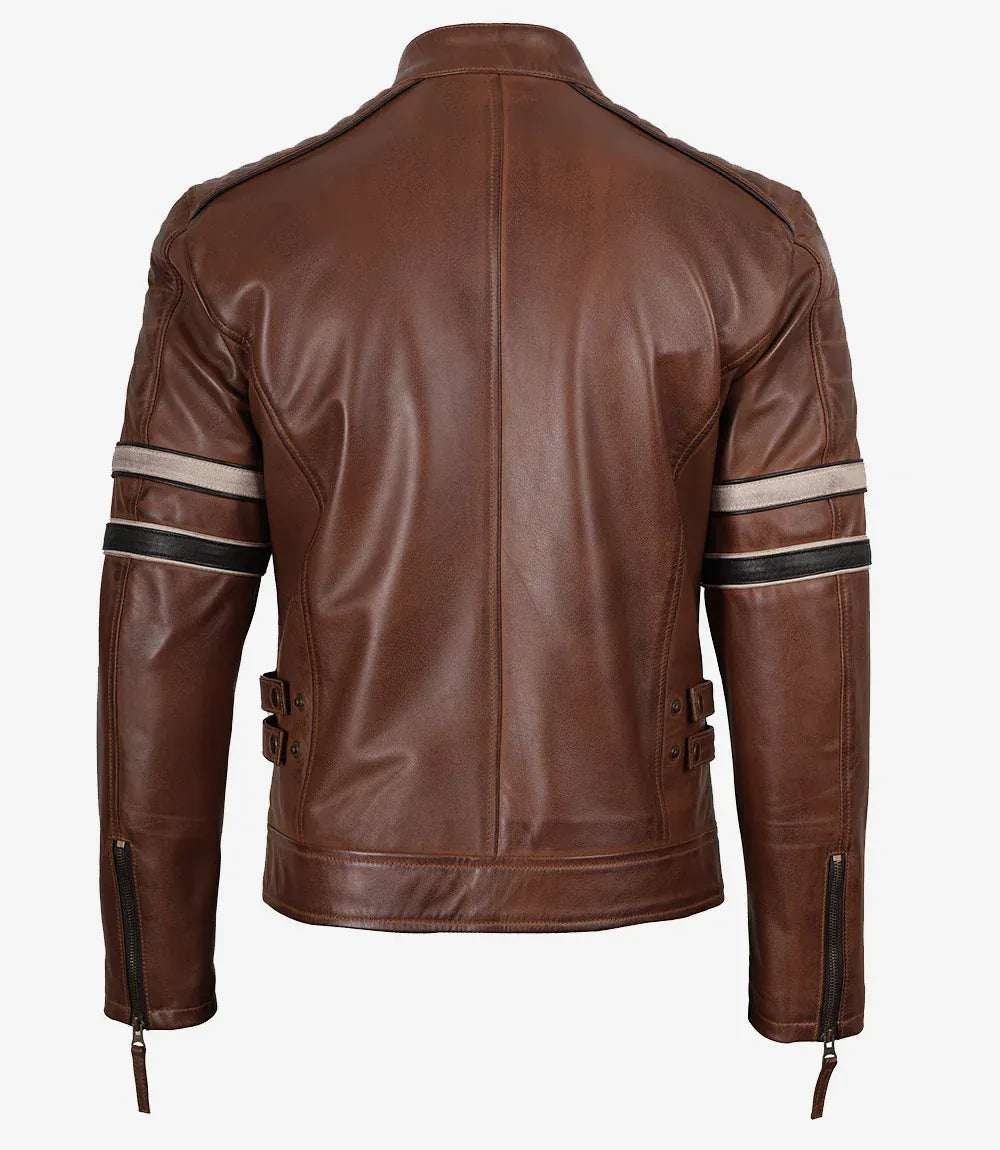 Men's Cognac Brown Leather Racer Jacket with Black and Beige Stripes