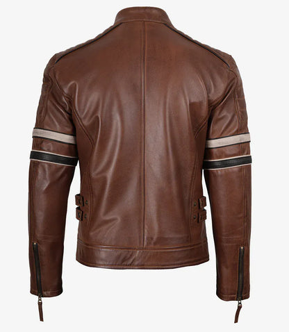 Men's Cognac Brown Leather Racer Jacket with Black and Beige Stripes