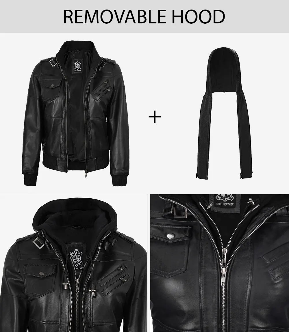 Real Leather Women's Bomber Black Jacket with Removable Hood