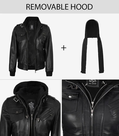 Real Leather Women's Bomber Black Jacket with Removable Hood