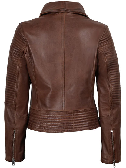 Womens Asymmetrical Cognac Wax Biker Style Leather Jacket