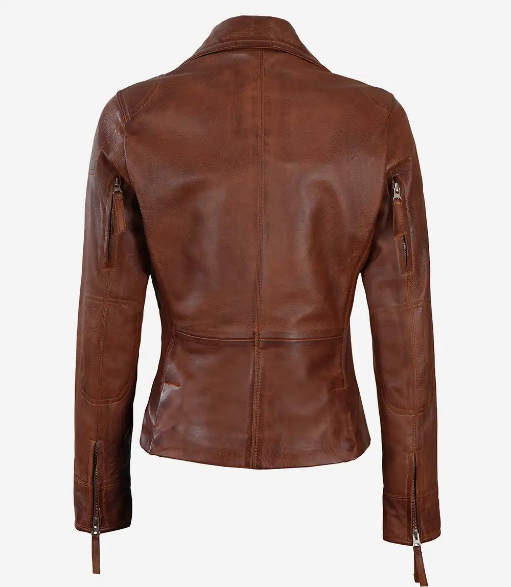 Ramsey Women's Cognac Brown Asymmetrical Leather Jacket