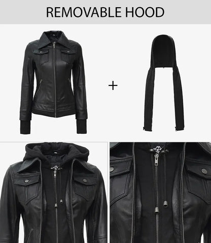Real Leather Womens Black Bomber Jacket with Removable Hood