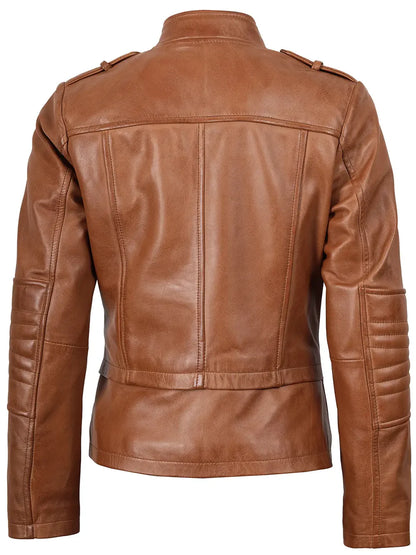Monica Women's Tan Brown Leather Biker Style Jacket