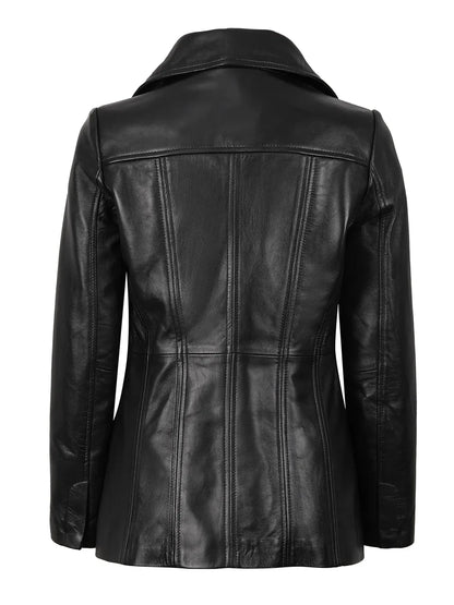 Womens Black Leather Blazer with Three Button