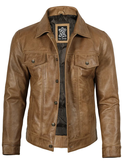 Men's Trucker Style Camel Brown Leather Jacket