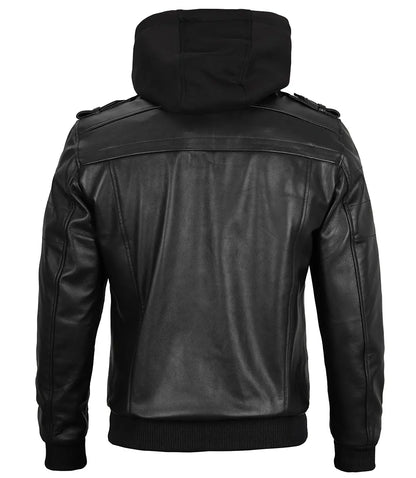 Edinburgh Men Black Bomber Leather Jacket With Removable Hood