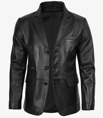 Men's Black Three Button Real Leather Blazer