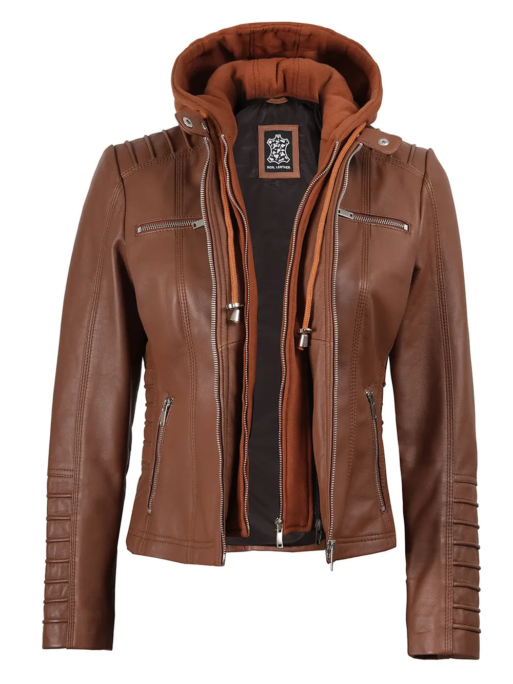 Women's Cognac Brown Leather Jacket With Removable Hood