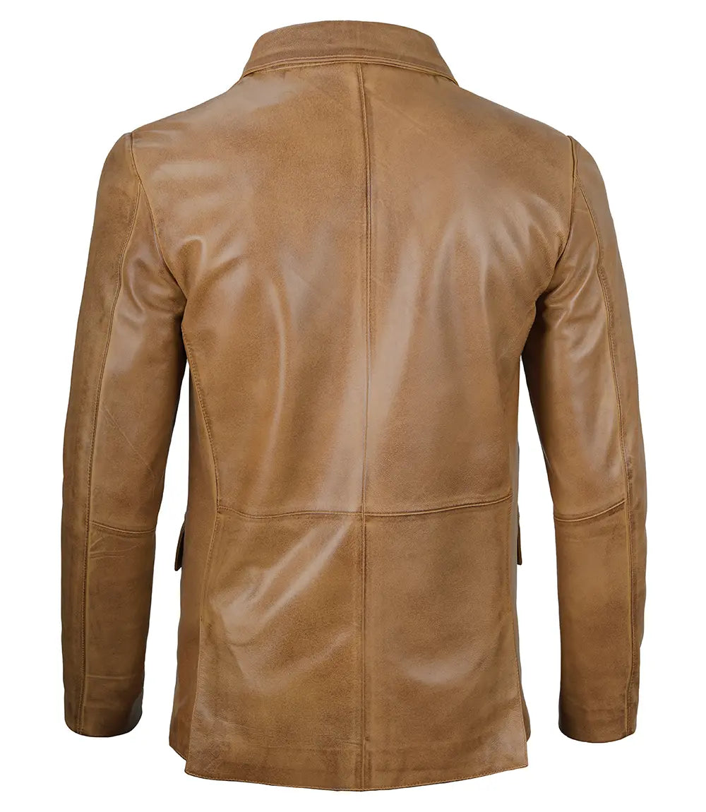 Men Two Button Camel Brown Leather Blazer
