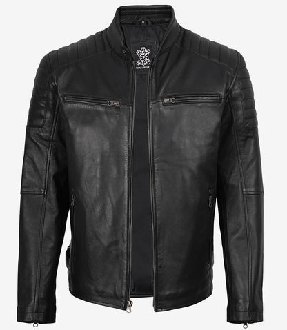 Men’s Real Leather Cafe Racer Jacket with Padded Shoulders