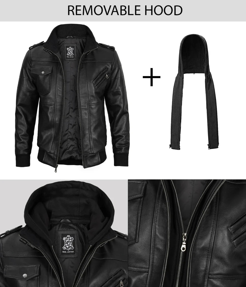 Edinburgh Men Black Bomber Leather Jacket With Removable Hood