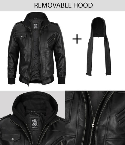 Edinburgh Men Black Bomber Leather Jacket With Removable Hood