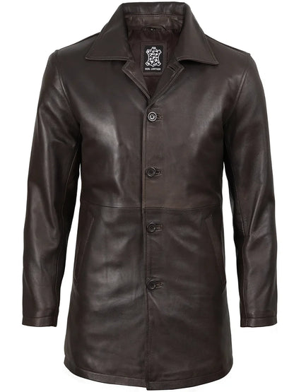 Men's Distressed Dark Brown Real Leather Car Coat
