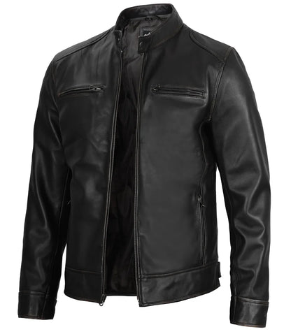 Real Leather Men's Black Cafe Racer Jacket
