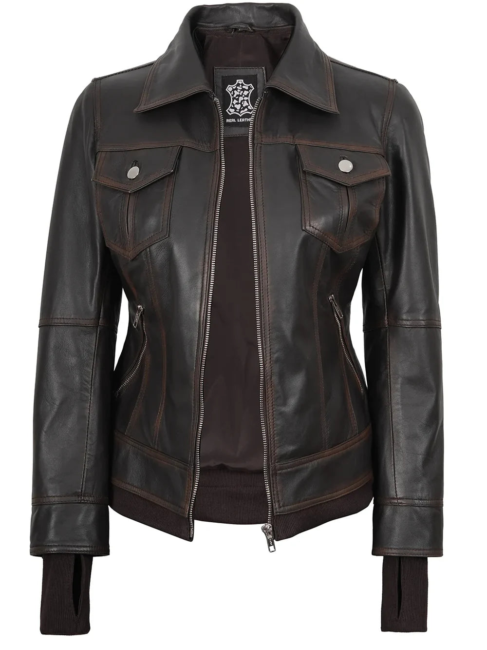 Tralee Women Dark Brown Bomber Leather Jacket With Removable Hood