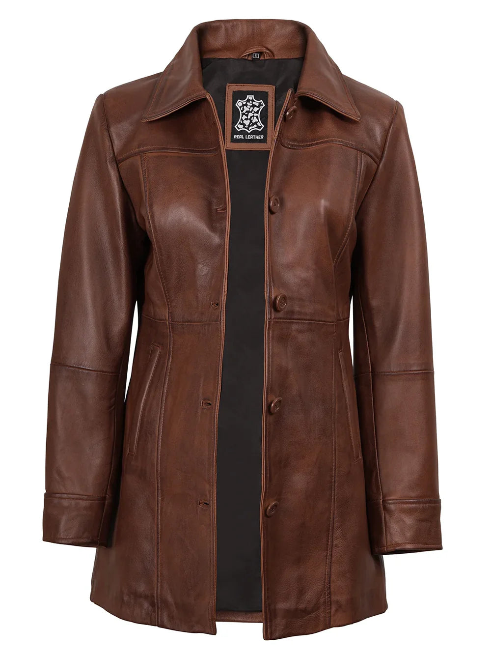 Kandis Women's Cognac Brown Leather Car Coat