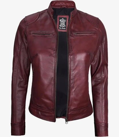 Dodge Womens Burgundy Leather Jacket Cafe Racer