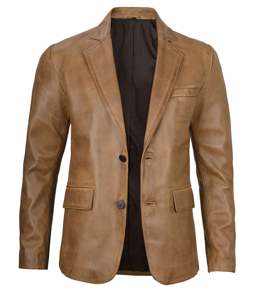Men Two Button Camel Brown Leather Blazer