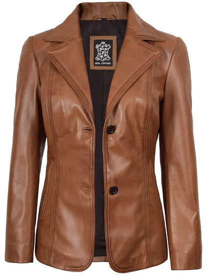Women's Two Button Tan Brown Leather Blazer Jacket