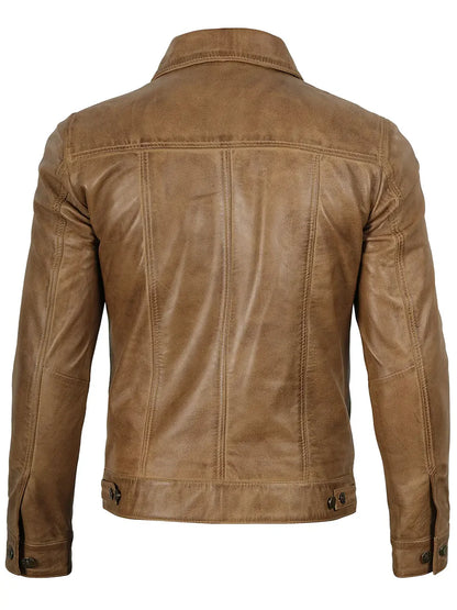 Men's Trucker Style Camel Brown Leather Jacket
