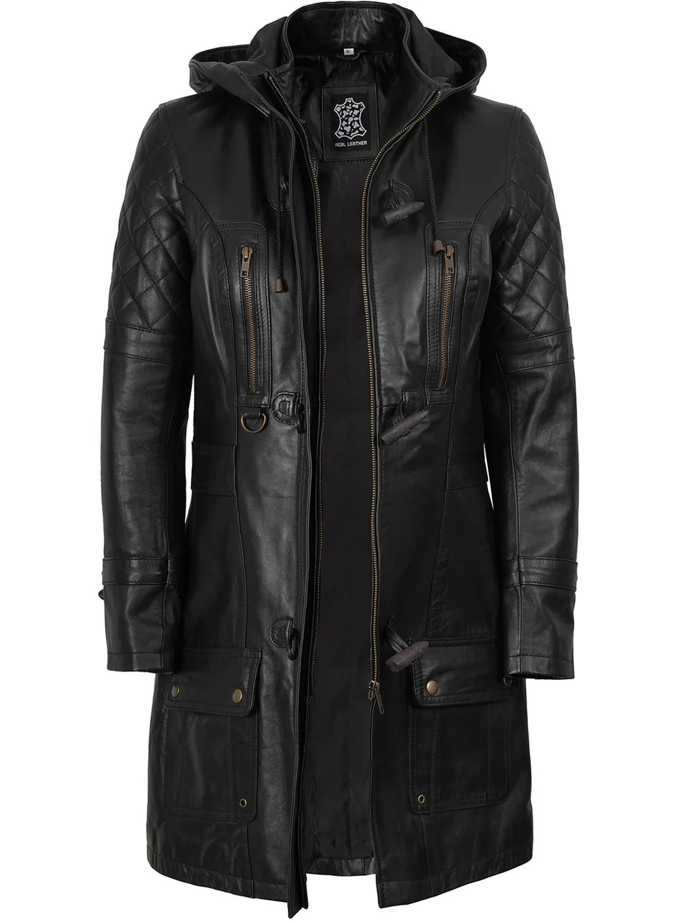 Women’s Black 3/4 Length Leather Coat With Removable Hood