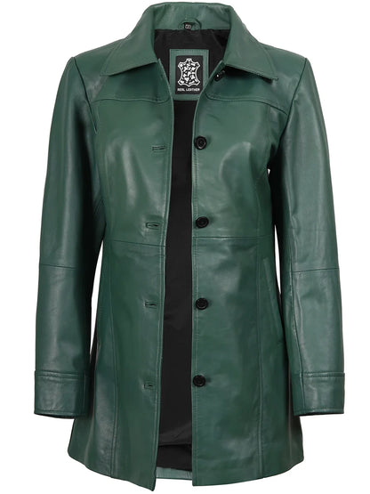 Kandis Women's Green Real Leather Car Coat