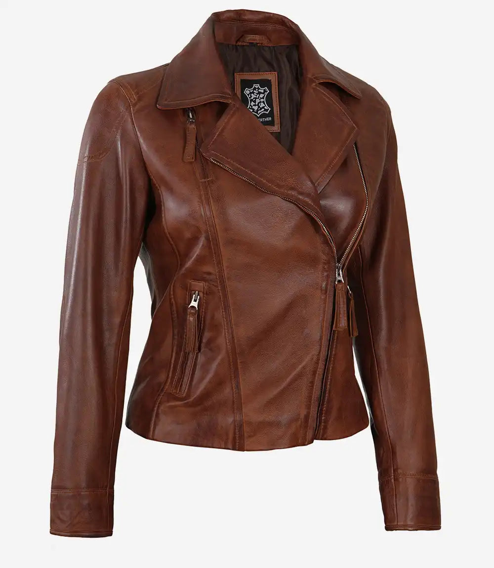 Ramsey Women's Cognac Brown Asymmetrical Leather Jacket