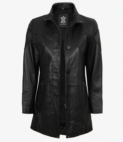 Womens Black 3/4 Length Real Leather Car Coat