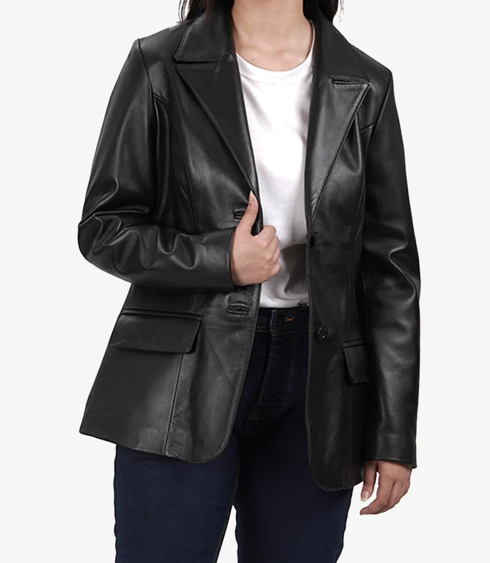 Vicenza Women's Black Two-Button Leather Blazer