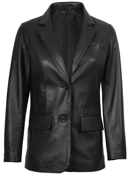 Women's Two Button Black Real Leather Blazer
