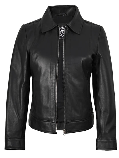 Women's Harrington Style Black Real Leather Jacket