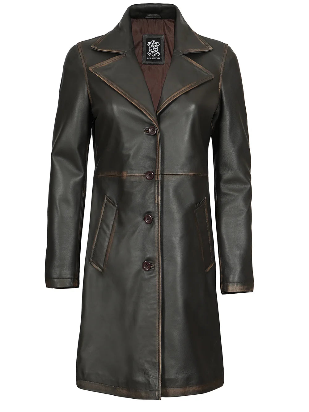 Bryson Women's Rub Off Dark Brown Leather Long 3/4 Coat