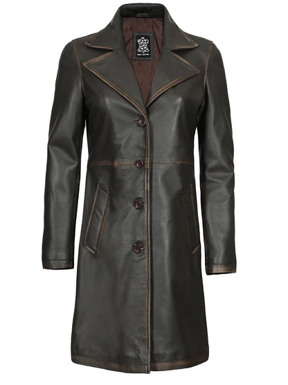 Bryson Women's Rub Off Dark Brown Leather Long 3/4 Coat