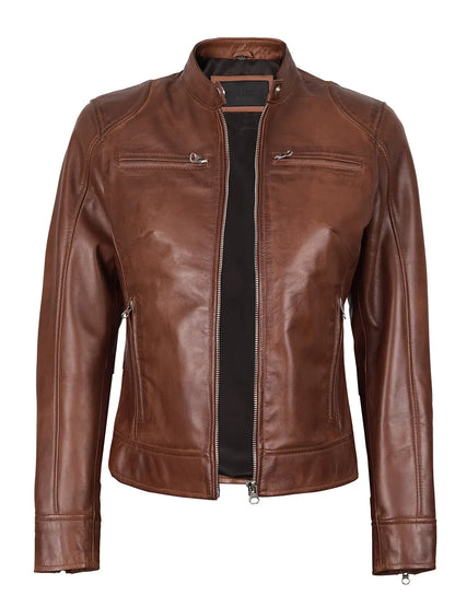 Dodge Womens Cognac Brown Biker Style Leather Jacket