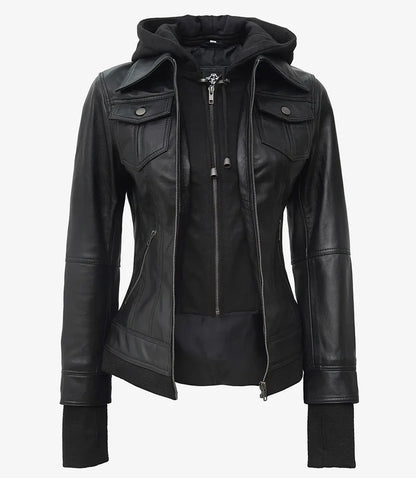 Real Leather Womens Black Bomber Jacket with Removable Hood