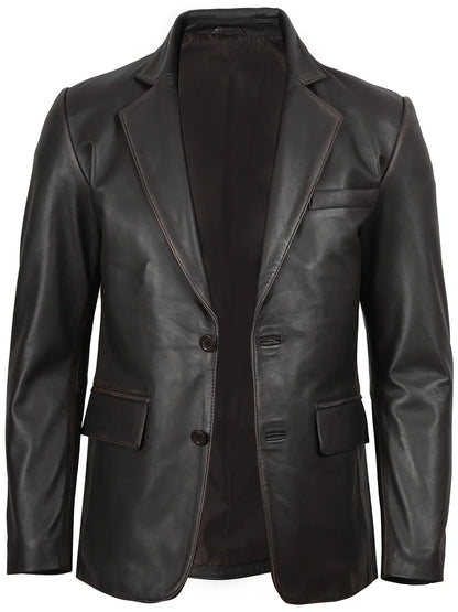 Men Dark Brown Rub Off Leather Blazer