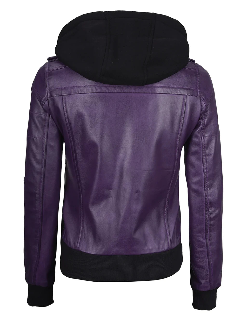 Women's Purple Real Leather Jacket with Removable Hood