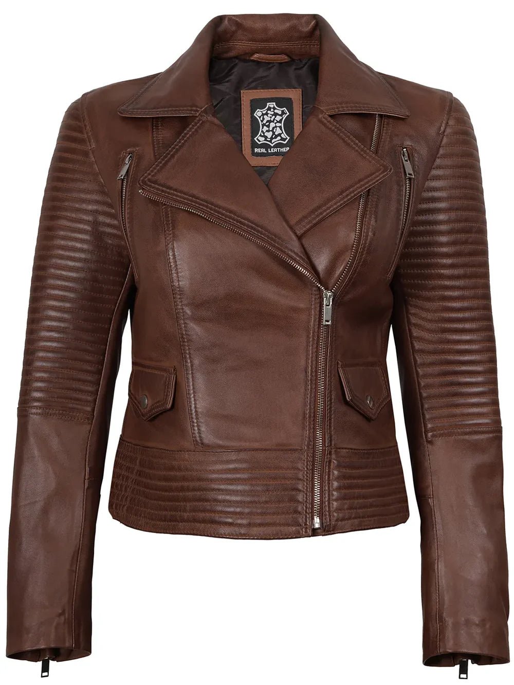 Womens Asymmetrical Cognac Wax Biker Style Leather Jacket