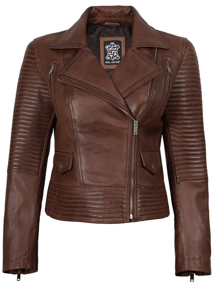 Womens Asymmetrical Cognac Wax Biker Style Leather Jacket