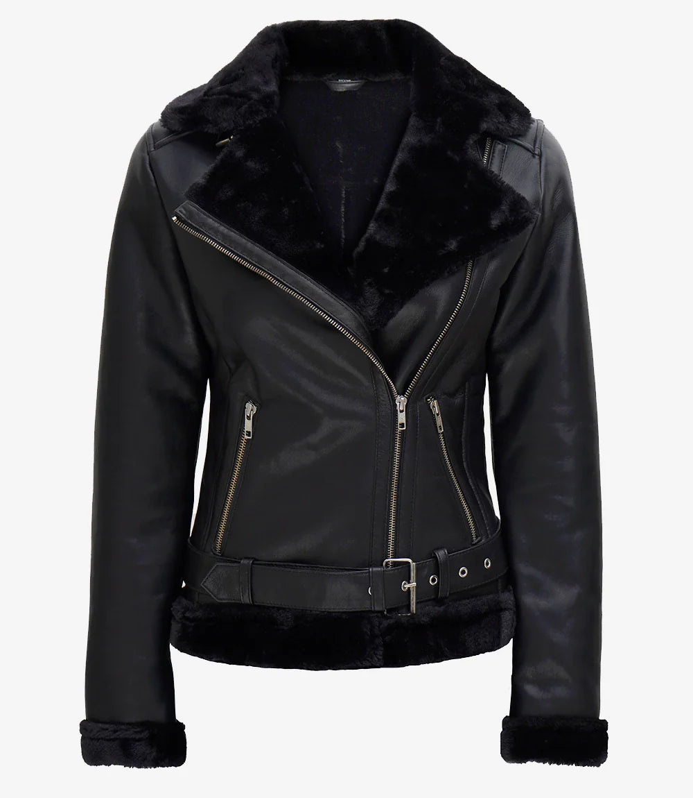 Women's Black Asymmetrical Shearling Leather Jacket
