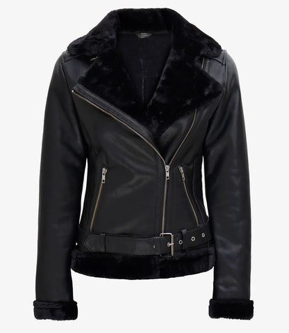 Women's Black Asymmetrical Shearling Leather Jacket