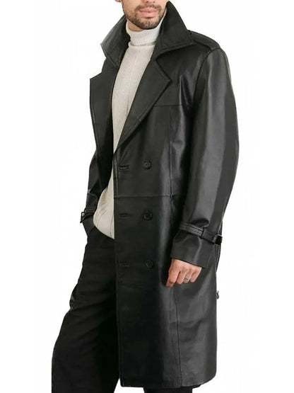 Men Belted Double Breasted Black Leather Trench Coat