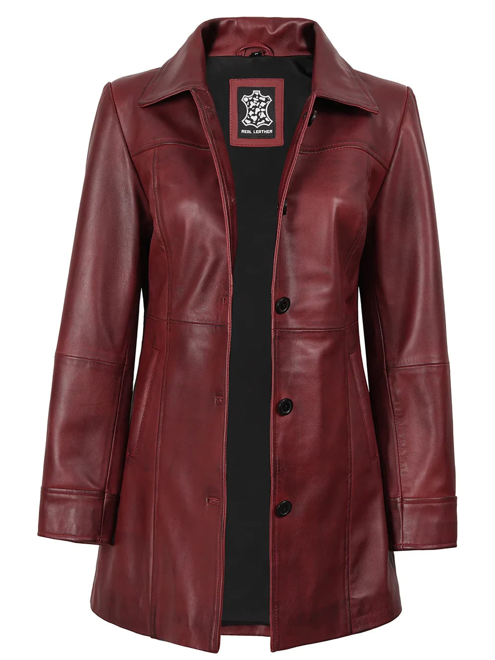 Kandis Women's Burgundy Real Leather Car Coat