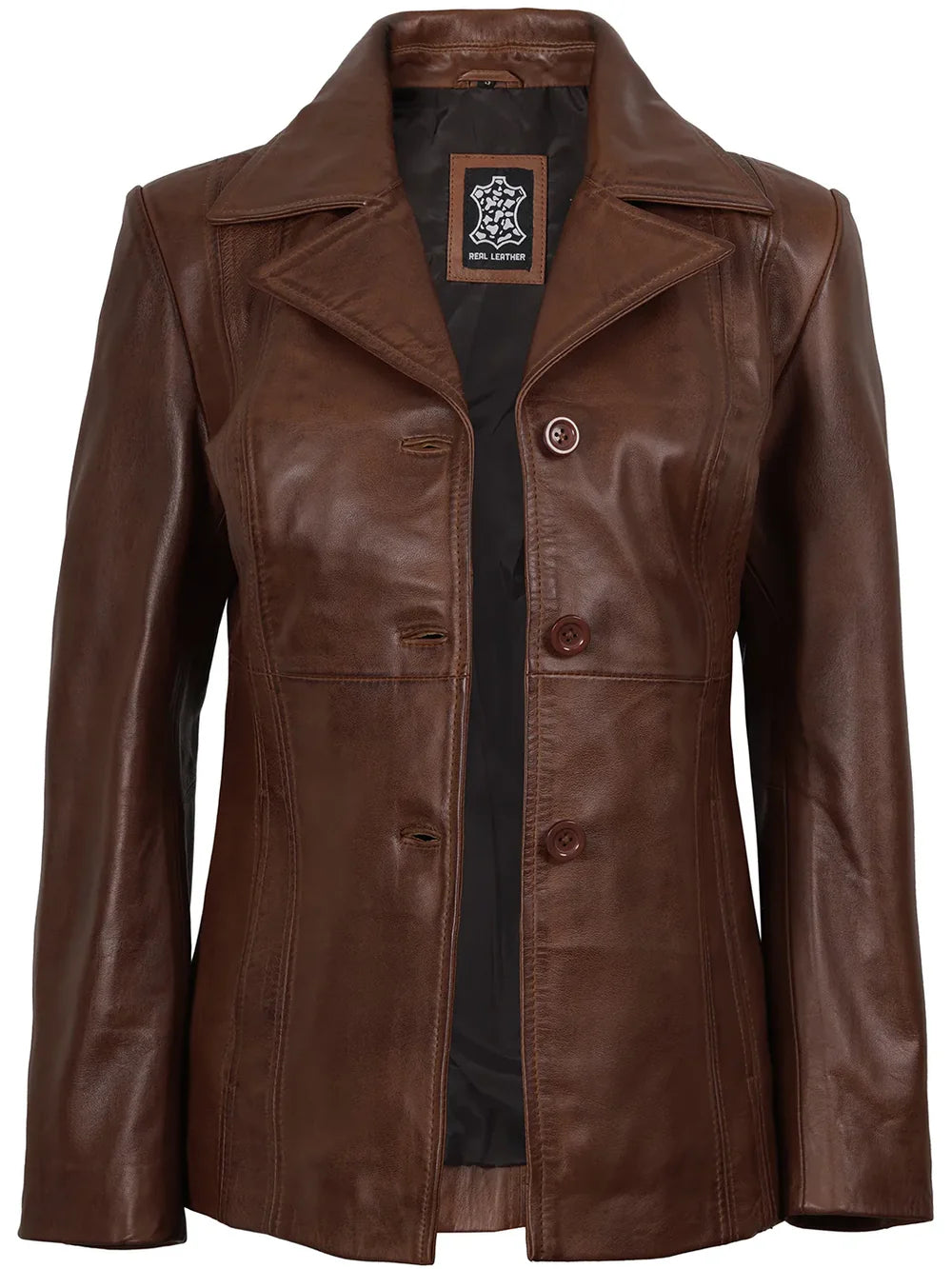 Women's Three Button Cognac Brown Leather Blazer
