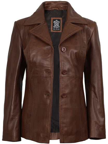 Women's Three Button Cognac Brown Leather Blazer