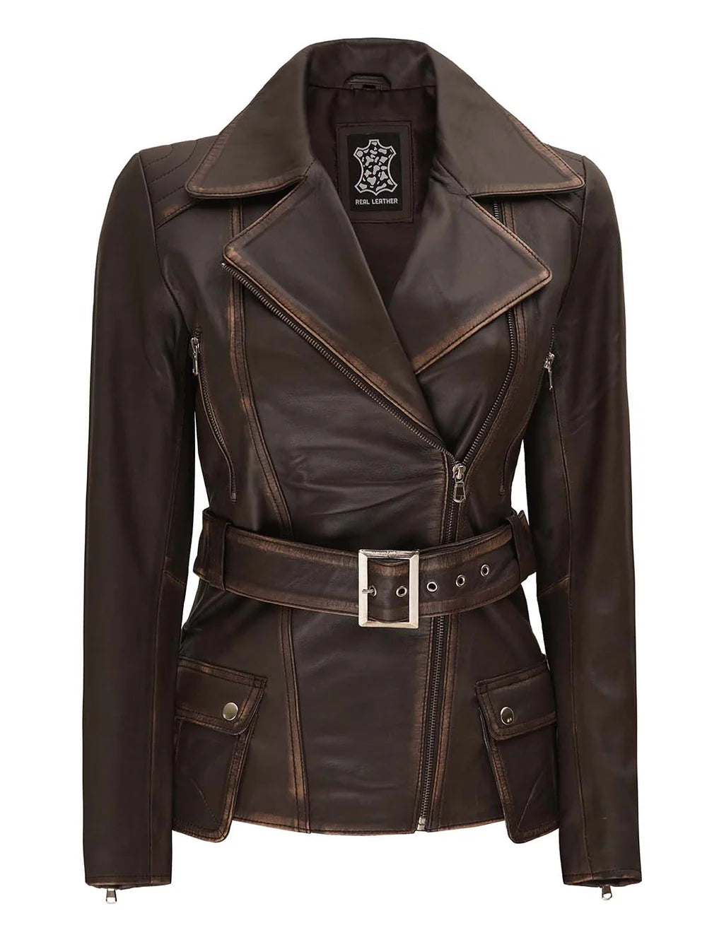 Women's Distressed Brown Asymmetrical Leather Biker Style Jacket